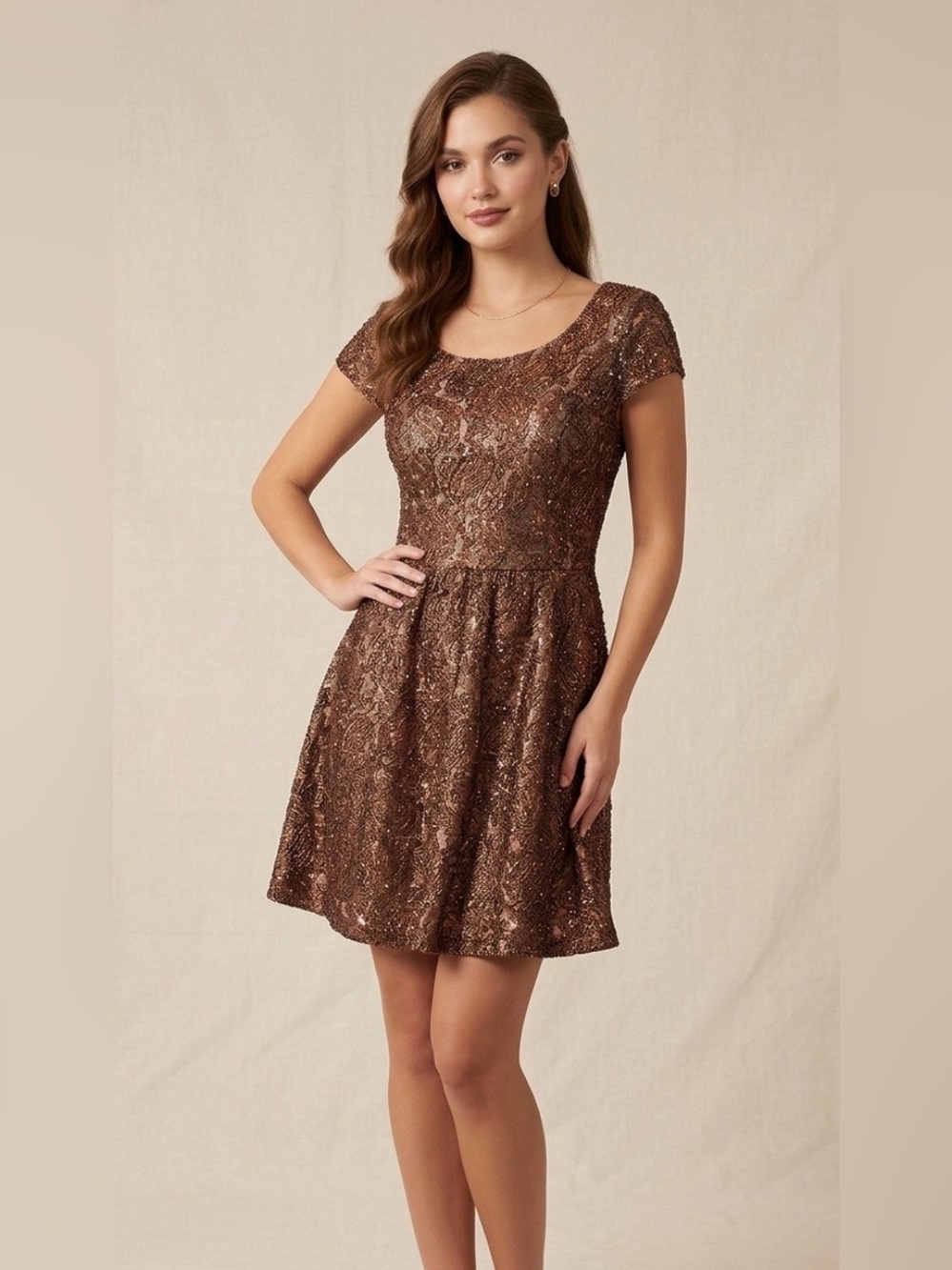 Kensie Metallic Brown Lace Mini Dress